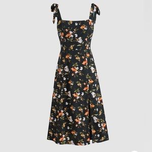 Floral bow knot slit midi dress